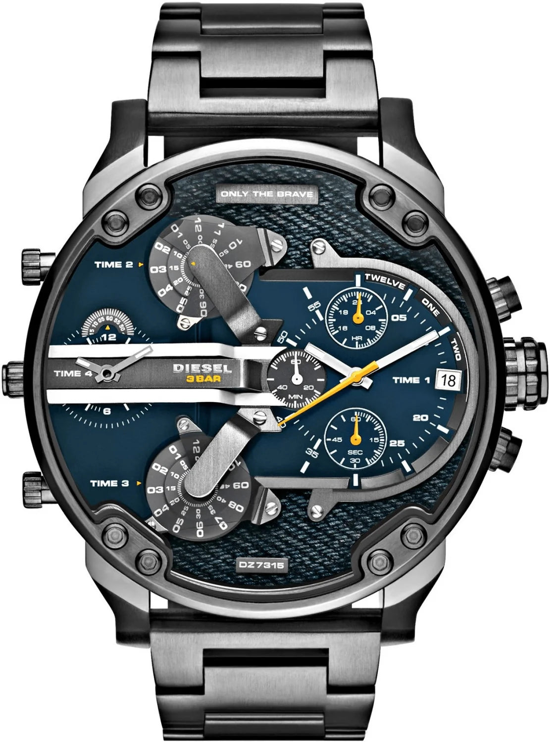Diesel DZ7331 Mr. Daddy 2.0 men's watch front view – black dial with gold-tone multi-time zone chronograph layout – oversized statement design by HEY WATCH.