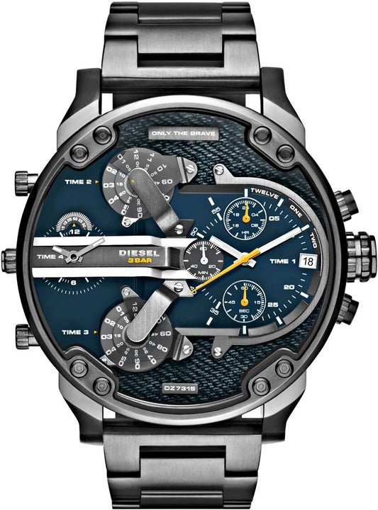 Diesel DZ7331 Mr. Daddy 2.0 men's watch front view – black dial with gold-tone multi-time zone chronograph layout – oversized statement design by HEY WATCH.