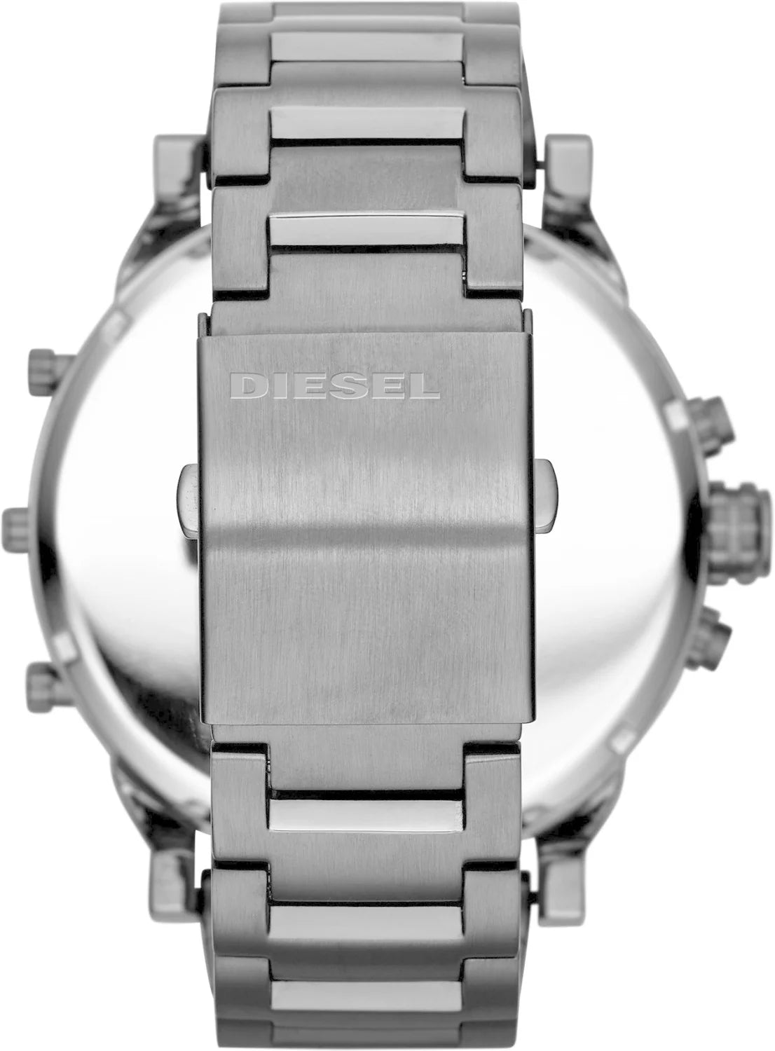Diesel DZ7331 back view – engraved caseback and black stainless steel bracelet with folding clasp – Diesel Mr. Daddy 2.0 men's collection at HEY WATCH.