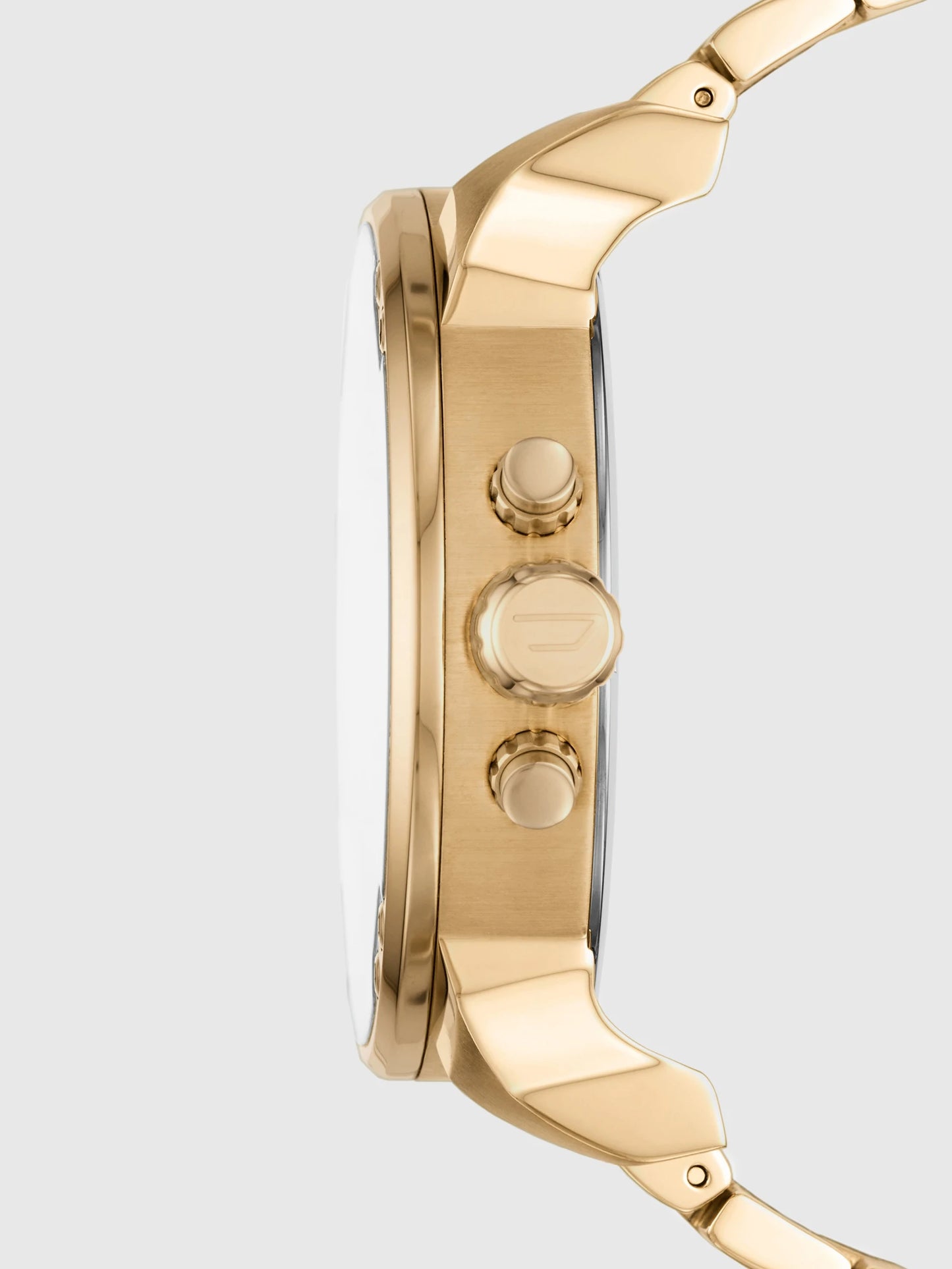 Diesel DZ7399 side profile – thick rose gold-tone stainless steel case with blue crown and pushers – iconic Diesel Mr. Daddy design available at HEY WATCH.
