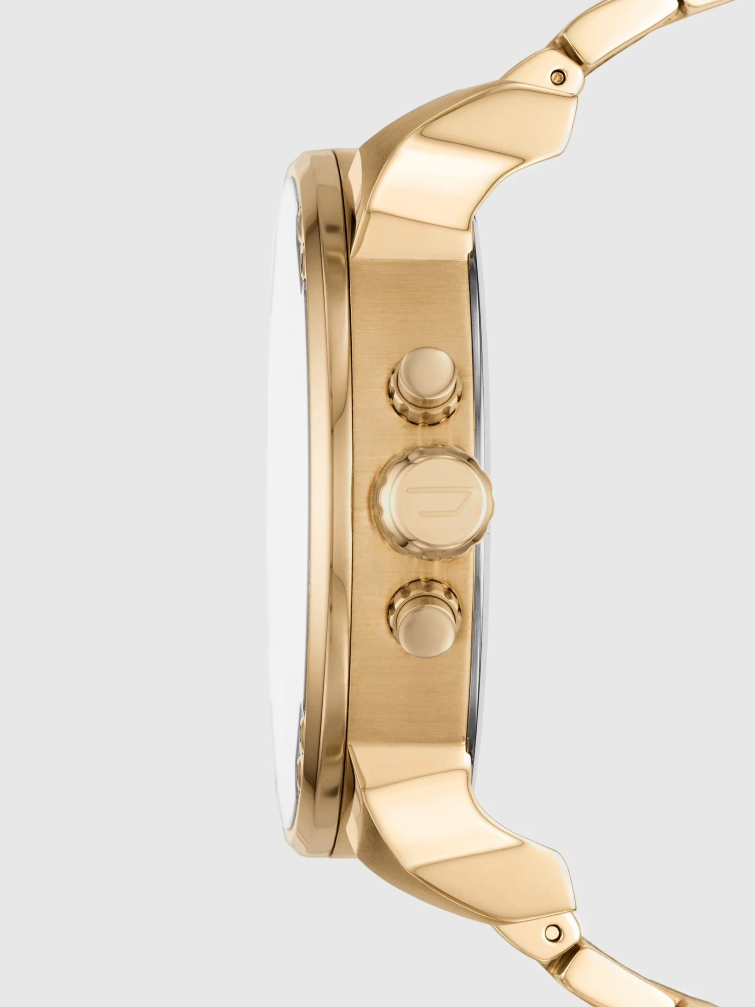 Diesel DZ7399 side profile – thick rose gold-tone stainless steel case with blue crown and pushers – iconic Diesel Mr. Daddy design available at HEY WATCH.