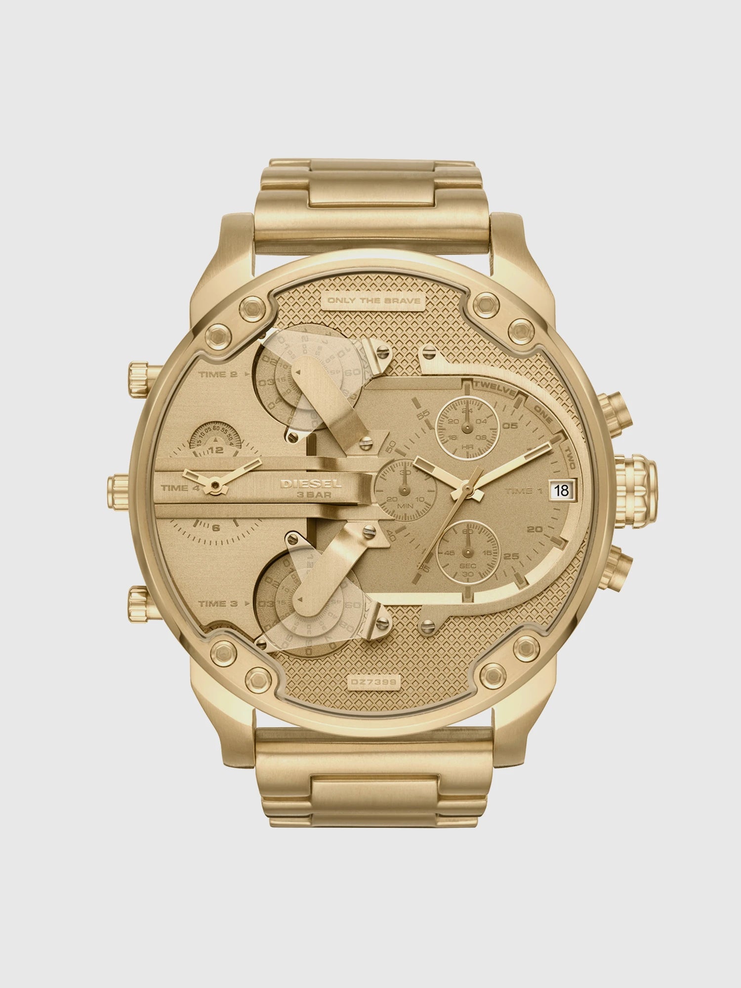 Diesel DZ7399 Mr. Daddy 2.0 men's watch front view – blue dial with rose gold-tone multi-time zone layout and oversized case – bold statement from HEY WATCH.