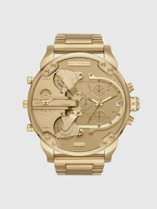 Diesel DZ7399 Mr. Daddy 2.0 men's watch front view – blue dial with rose gold-tone multi-time zone layout and oversized case – bold statement from HEY WATCH.