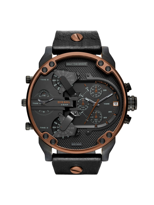 Diesel DZ7400 men's watch front view – black dial with multi-time zone layout, silver accents and oversized case – bold design by HEY WATCH.