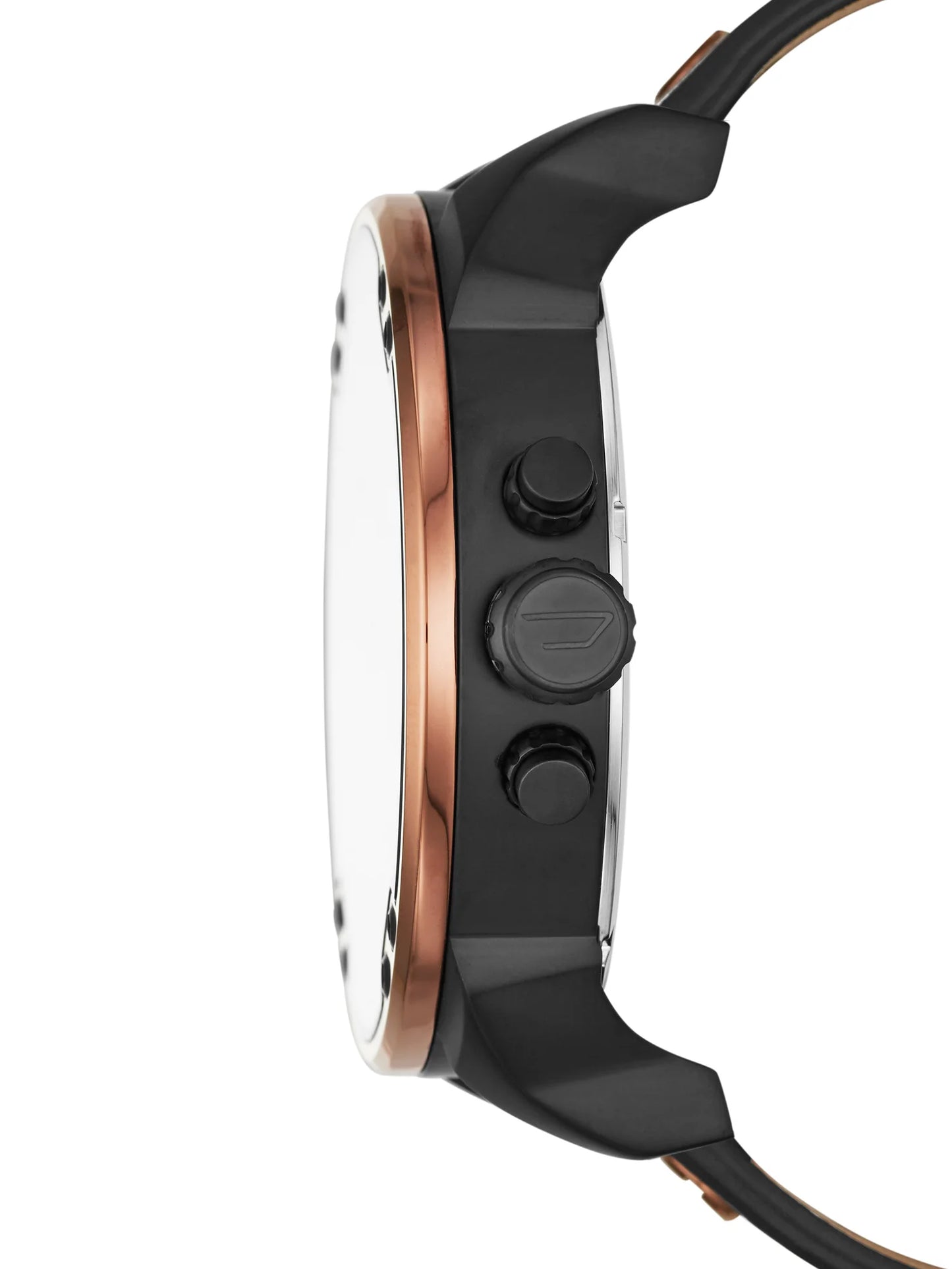 Diesel DZ7400 side profile – large stainless steel case with layered dial and robust crown structure – signature Diesel look available at HEY WATCH.