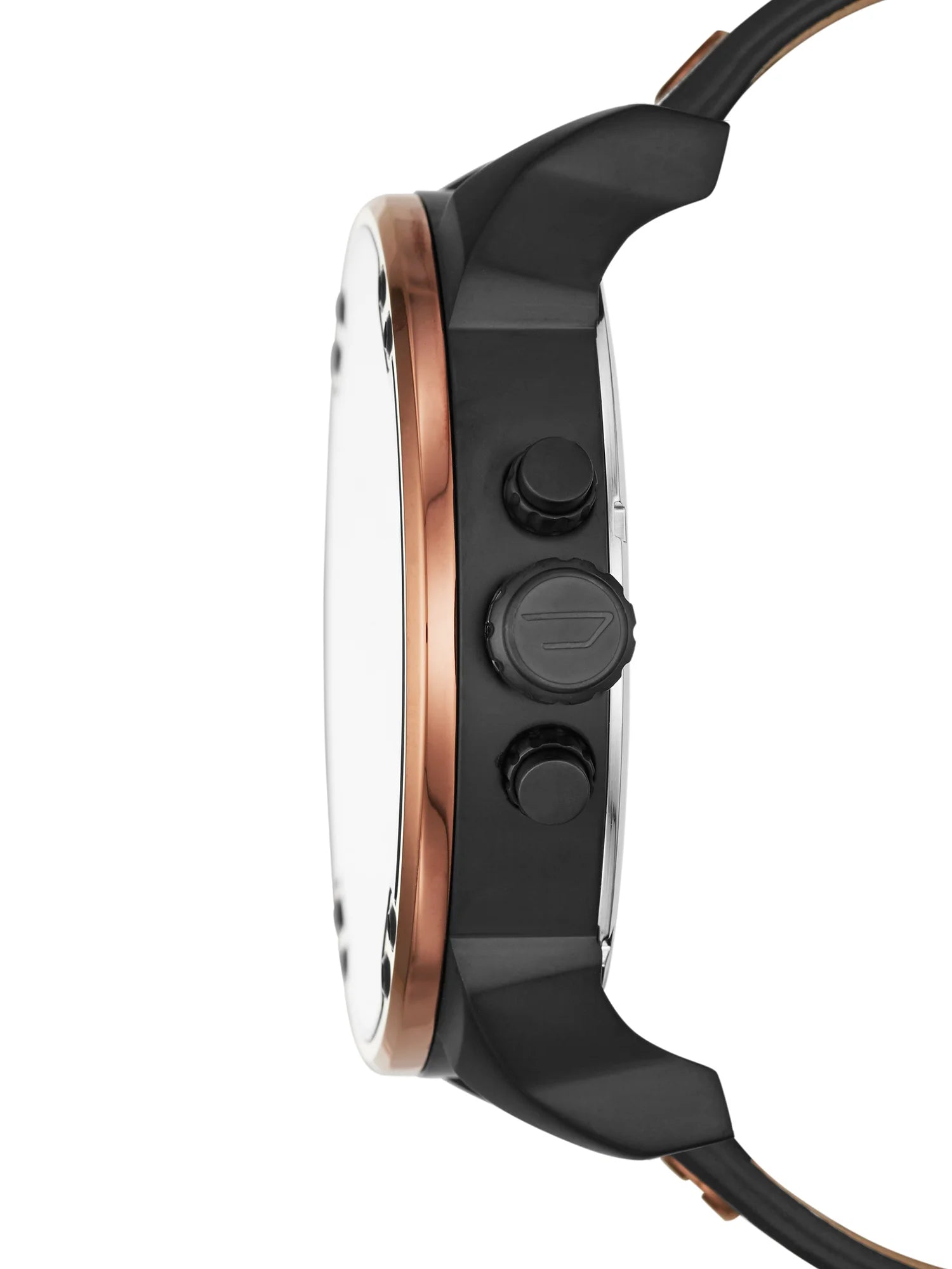 Diesel DZ7400 side profile – large stainless steel case with layered dial and robust crown structure – signature Diesel look available at HEY WATCH.