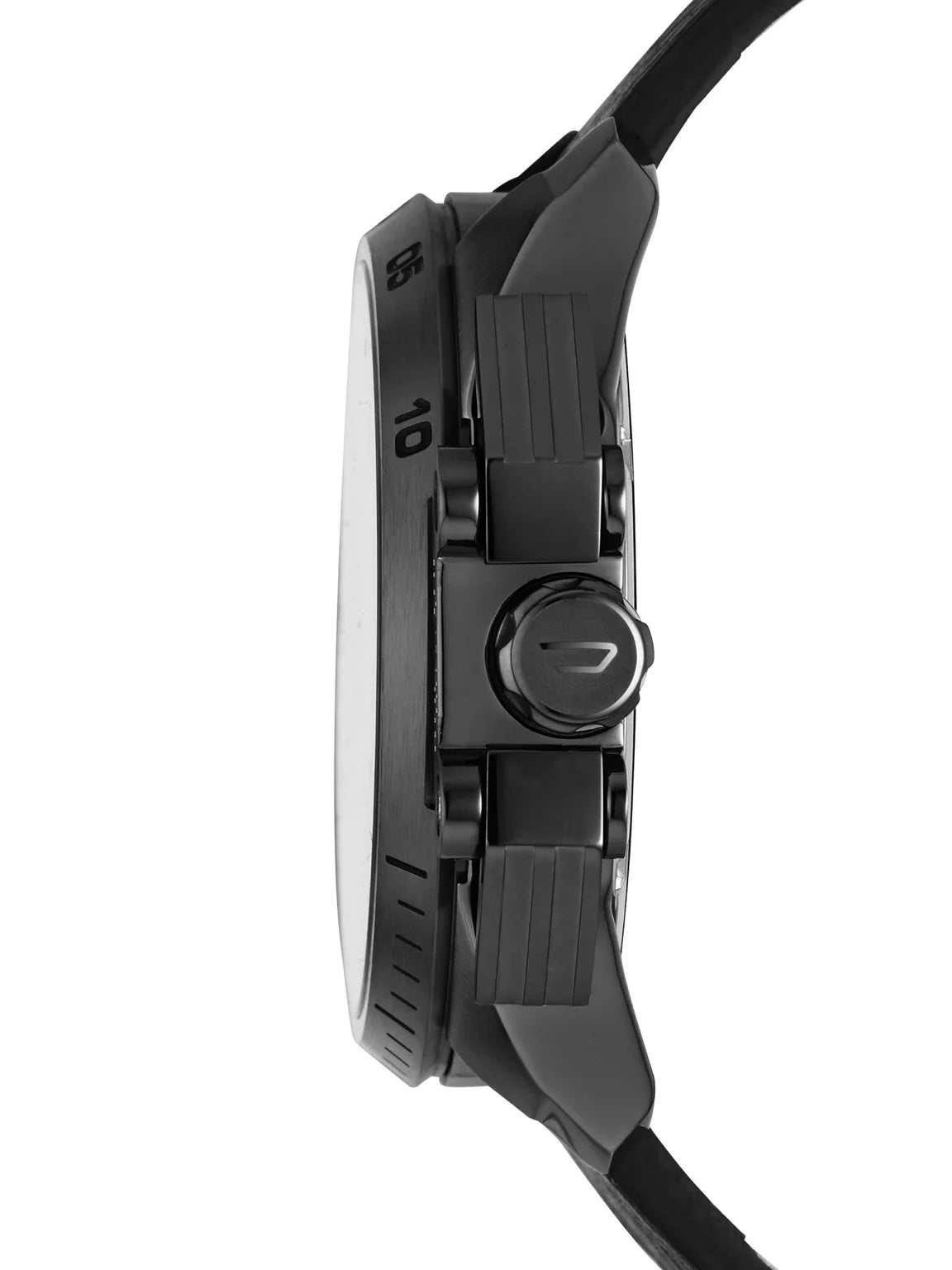Diesel DZ4386 side profile – thick gunmetal case with textured crown and chronograph buttons – masculine industrial style by HEY WATCH.