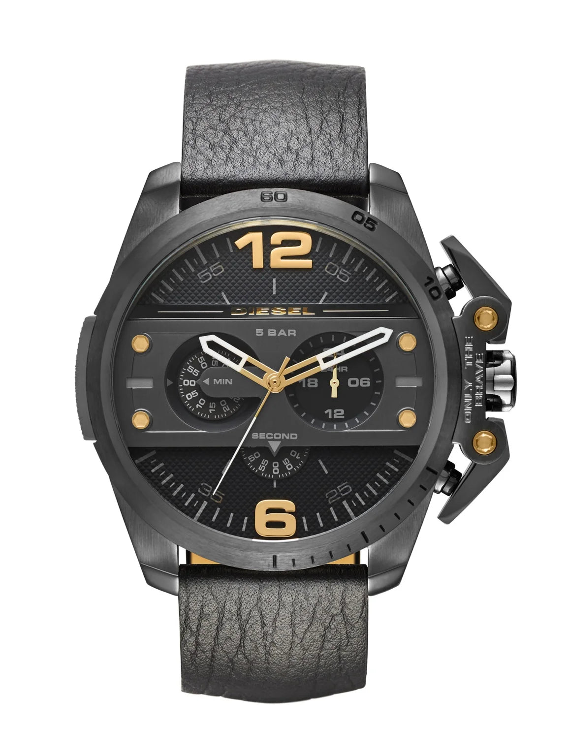 Diesel DZ4386 men's watch front view – gunmetal stainless steel case, black dial with chronograph subdials, and bold detailing – available at HEY WATCH.