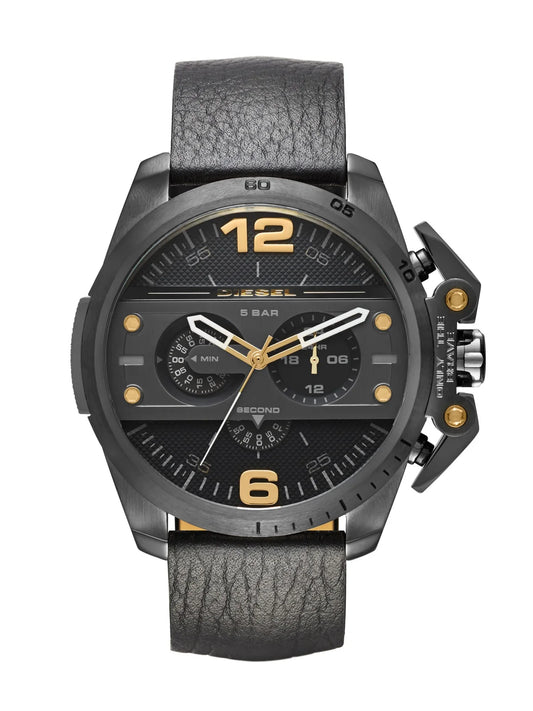 Diesel DZ4386 men's watch front view – gunmetal stainless steel case, black dial with chronograph subdials, and bold detailing – available at HEY WATCH.