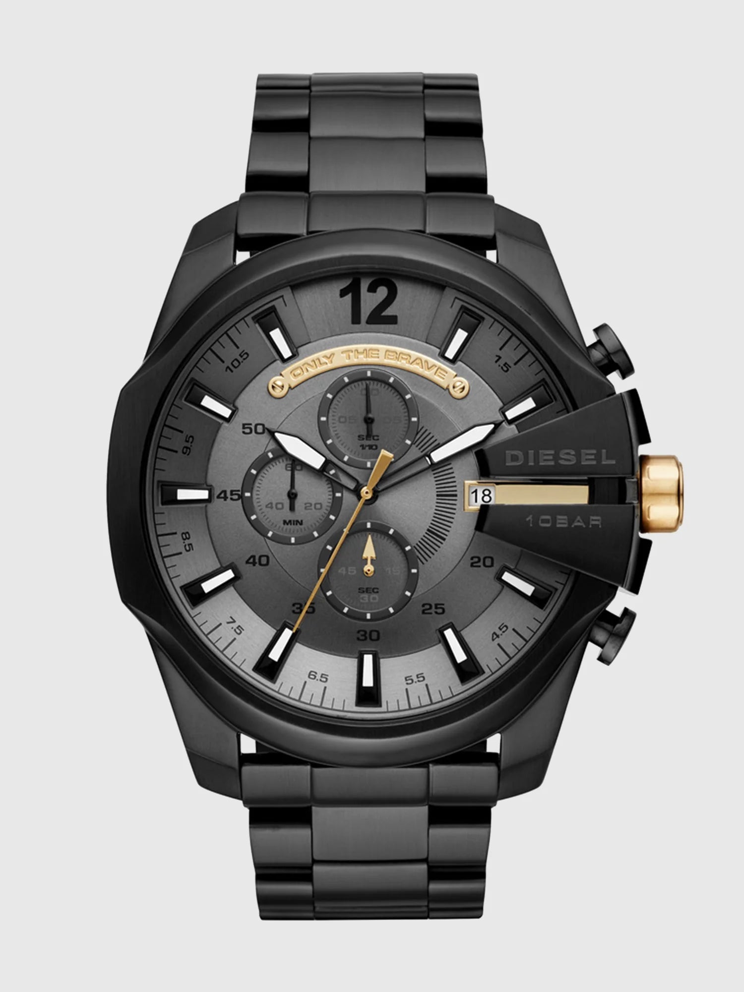 Diesel DZ4479 men's watch front view – black dial with gold-tone chronograph details and oversized case – powerful modern design by HEY WATCH.