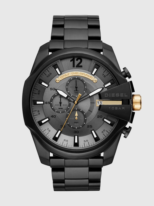 Diesel DZ4479 men's watch front view – black dial with gold-tone chronograph details and oversized case – powerful modern design by HEY WATCH.