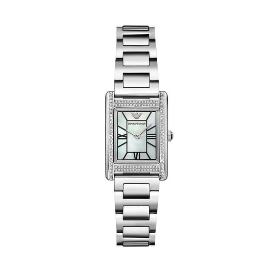 Emporio Armani AR11625 women’s watch front view – rectangular stainless steel case with crystal-set bezel, mother-of-pearl dial featuring Roman numerals and index markers, and polished stainless steel bracelet – elegant design by HEY WATCH.