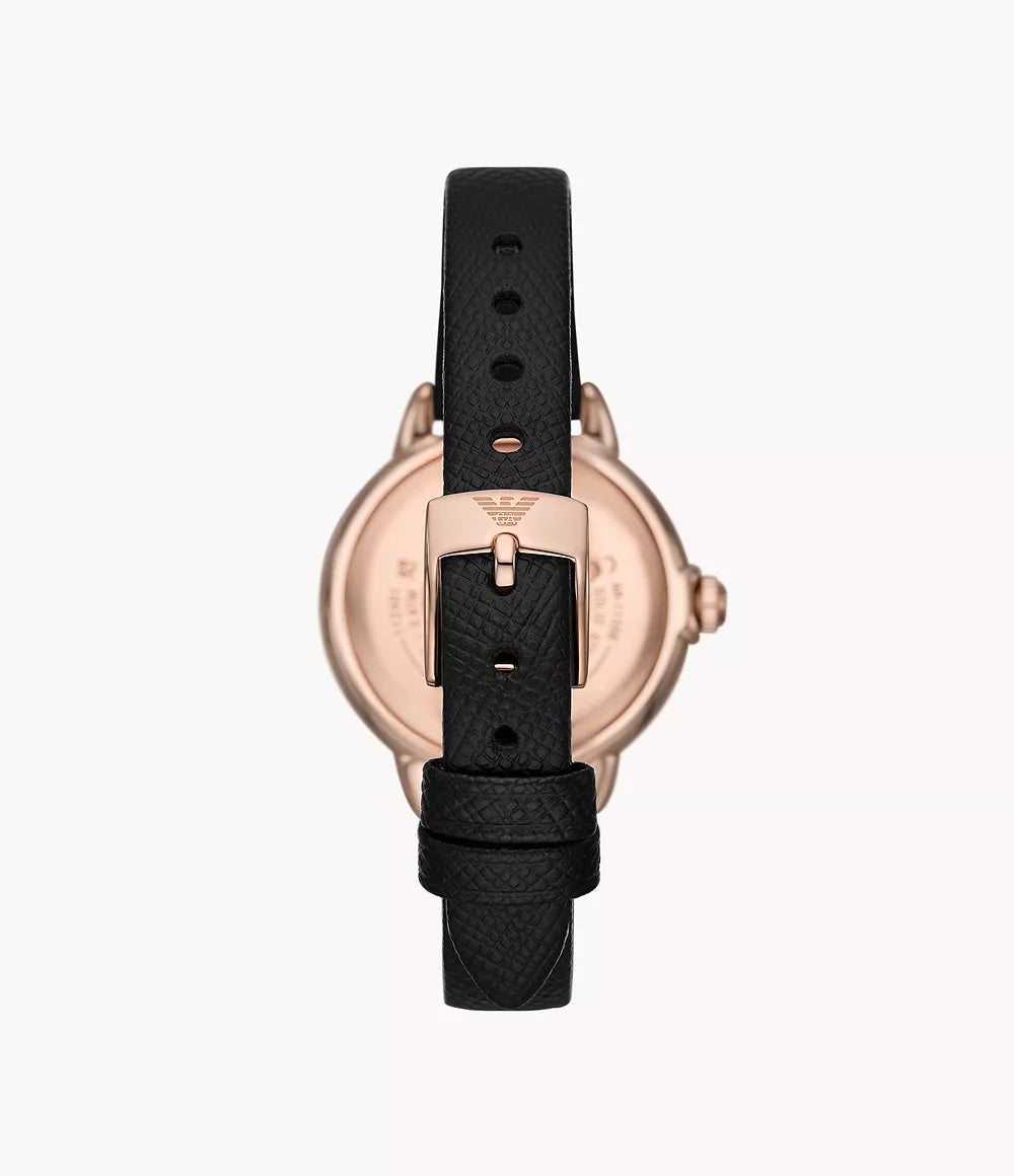 Emporio Armani AR11598 back view – black leather strap with buckle closure and engraved caseback – feminine sophistication by HEY WATCH.