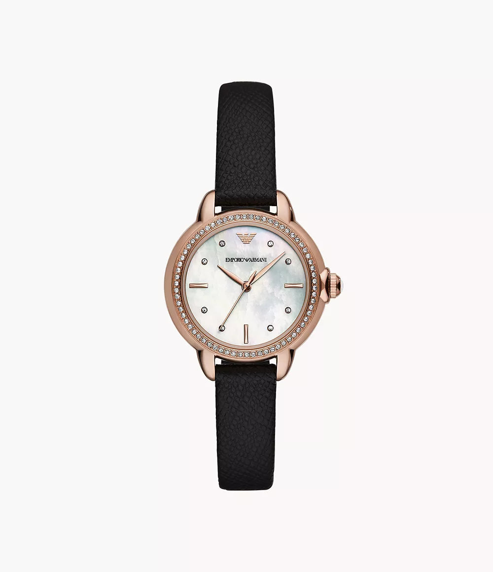 Emporio Armani AR11598 women's watch front view – white mother-of-pearl dial, rose gold-tone case and black leather strap – Italian elegance from HEY WATCH.