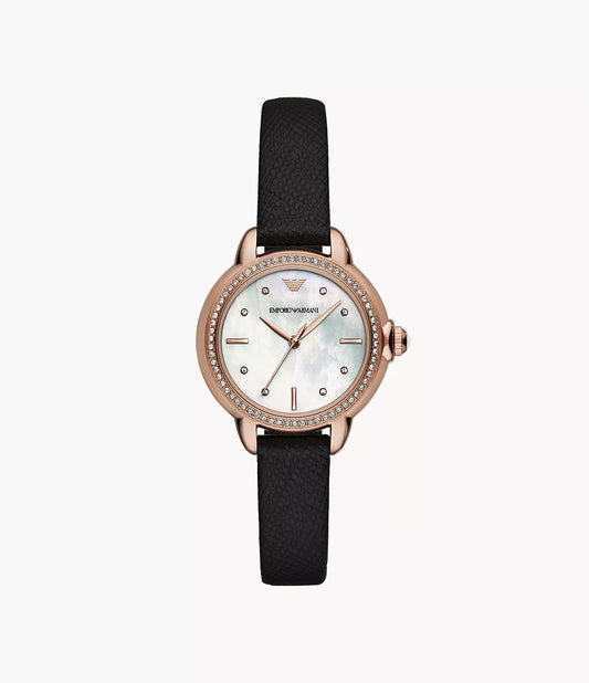 Emporio Armani AR11598 women's watch front view – white mother-of-pearl dial, rose gold-tone case and black leather strap – Italian elegance from HEY WATCH.