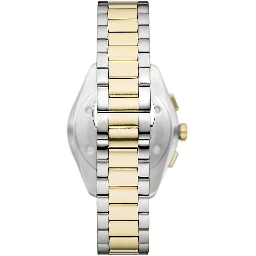 Emporio Armani AR11605 back view – engraved caseback and two-tone stainless steel bracelet with butterfly deployant clasp – premium craftsmanship by HEY WATCH. 