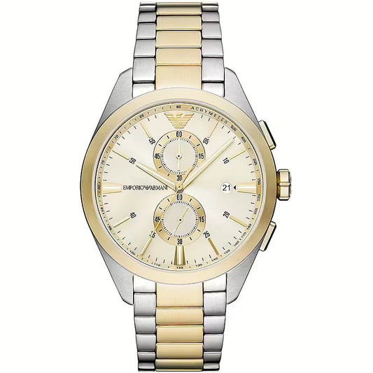 Emporio Armani AR11605 men’s watch front view – cream sunray dial with gold-tone chronograph subdials, two-tone stainless steel bracelet – refined Italian design by HEY WATCH.