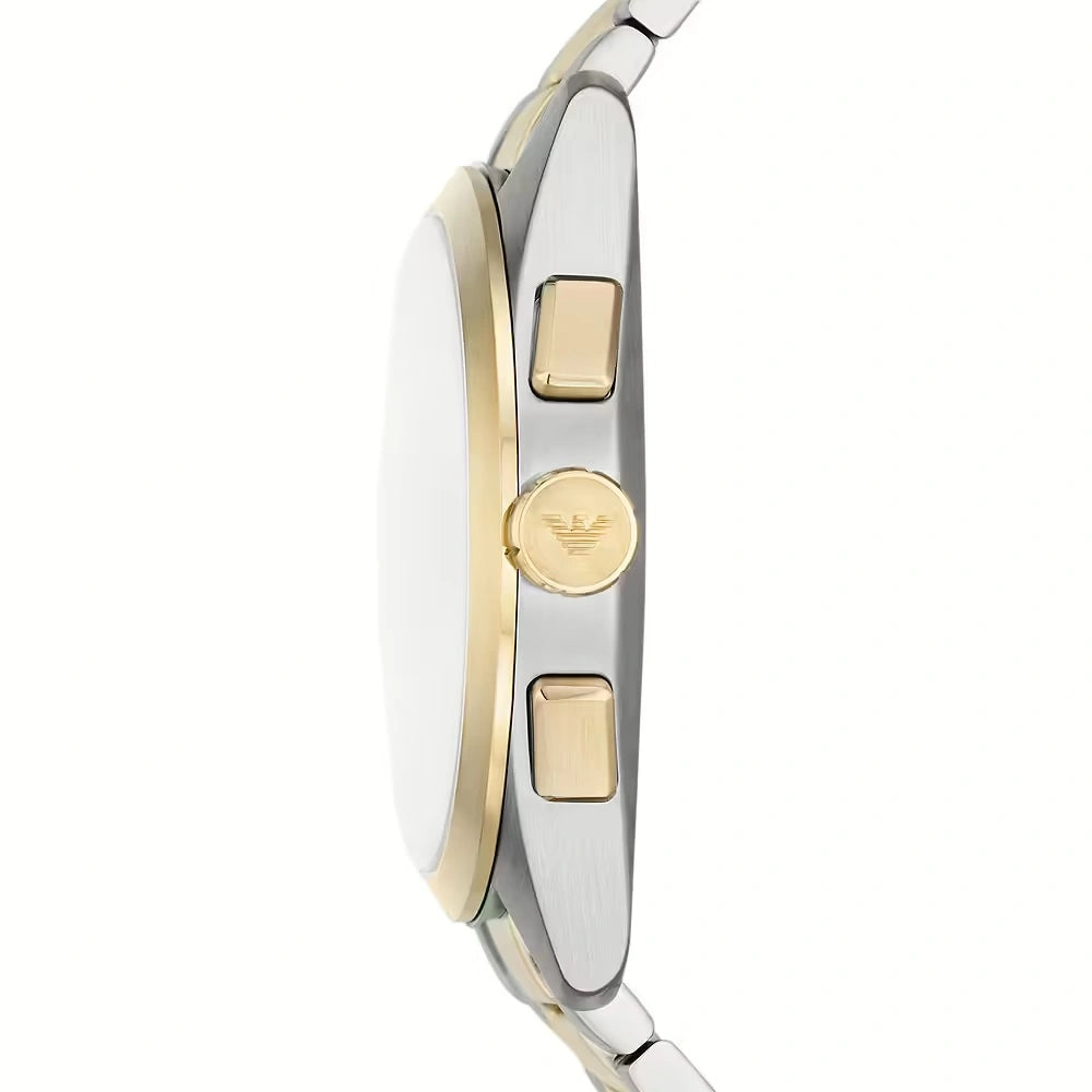 Emporio Armani AR11605 side profile – slim 43mm case with brushed and polished finishes, textured crown and pushers – elegant men’s timepiece available at HEY WATCH. ￼