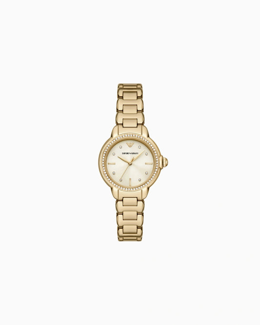 Emporio Armani AR11609 women’s watch front view – cream sunray dial with crystal hour markers, gold-tone stainless steel bracelet and case – elegant design by HEY WATCH.