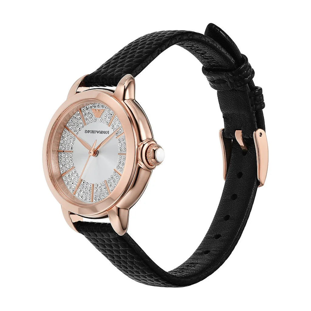 Emporio Armani AR11631 angled view – polished rose gold-tone case highlighting the silver sunray dial – sophisticated style from HEY WATCH.