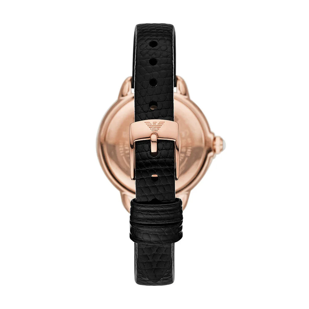 Emporio Armani AR11631 back view – solid caseback with engraved Emporio Armani logo and black leather strap with buckle clasp – premium craftsmanship by HEY WATCH.