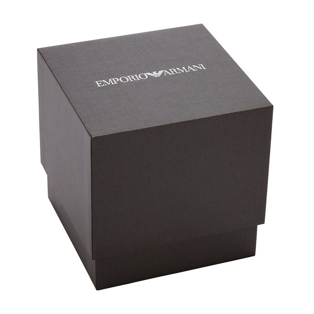 Emporio Armani AR11631 packaging – official Emporio Armani black watch box with logo and cushion display – luxury presentation for women’s timepiece at HEY WATCH.