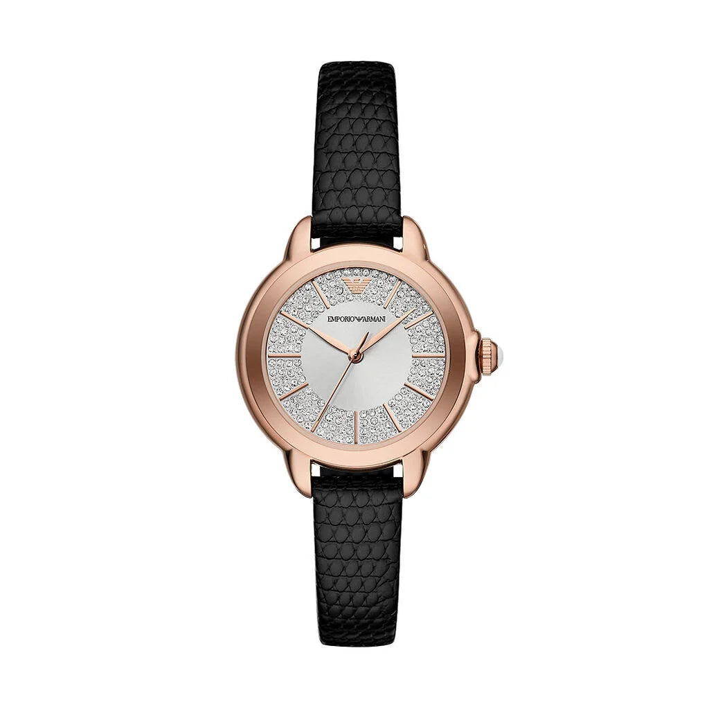Emporio Armani AR11631 women’s watch front view – 32mm rose gold-tone stainless steel case with silver sunray dial, black lizard-patterned leather strap, and three-hand quartz movement – elegant design by HEY WATCH. 