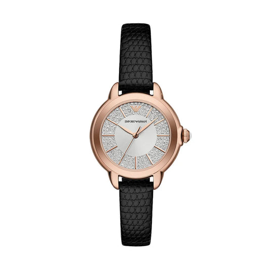 Emporio Armani AR11631 women’s watch front view – 32mm rose gold-tone stainless steel case with silver sunray dial, black lizard-patterned leather strap, and three-hand quartz movement – elegant design by HEY WATCH. 