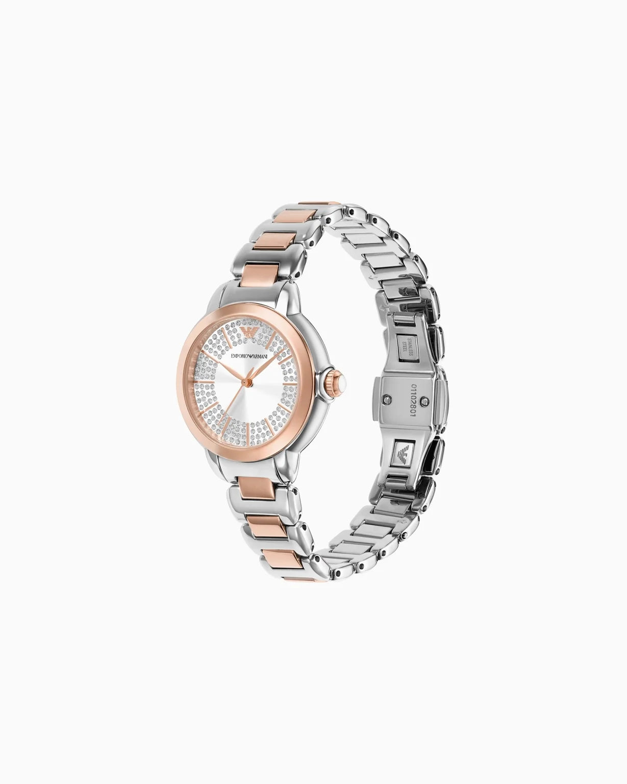 Emporio Armani AR11643 angled view – polished two-tone stainless steel case highlighting the silver dial with crystal accents – sophisticated style from HEY WATCH.