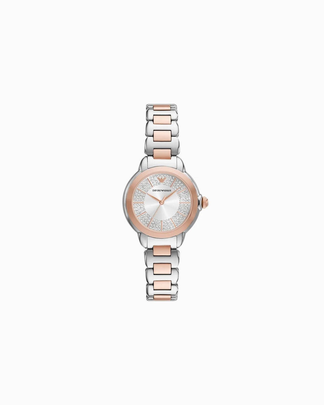 Emporio Armani AR11643 women’s watch front view – silver sunray dial with crystal hour markers, rose gold-tone hands, and two-tone stainless steel bracelet – elegant design by HEY WATCH.