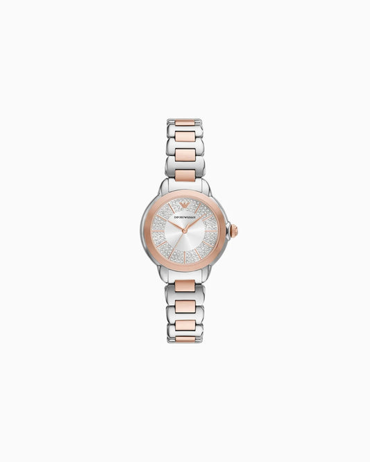 Emporio Armani AR11643 women’s watch front view – silver sunray dial with crystal hour markers, rose gold-tone hands, and two-tone stainless steel bracelet – elegant design by HEY WATCH.