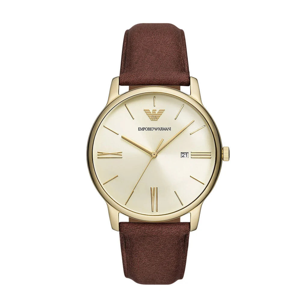 Emporio Armani AR11610 men’s watch front view – 42mm yellow gold-tone stainless steel case with eggshell sunray dial, brown leather strap, and date display – elegant design by HEY WATCH.