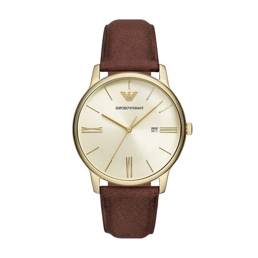 Emporio Armani AR11610 men’s watch front view – 42mm yellow gold-tone stainless steel case with eggshell sunray dial, brown leather strap, and date display – elegant design by HEY WATCH.