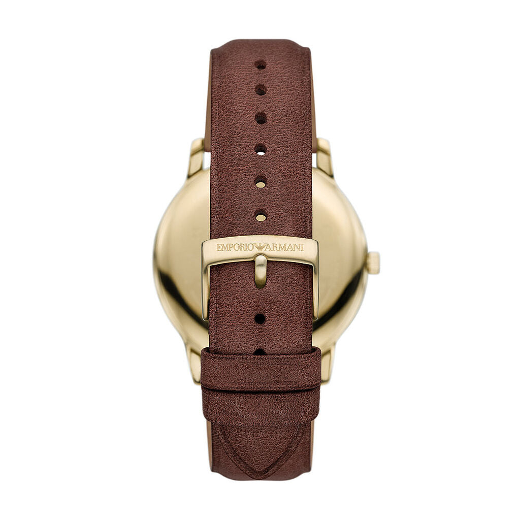 Emporio Armani AR11610 back view – solid caseback with engraved Emporio Armani logo and brown leather strap with pin buckle closure – premium craftsmanship by HEY WATCH. 