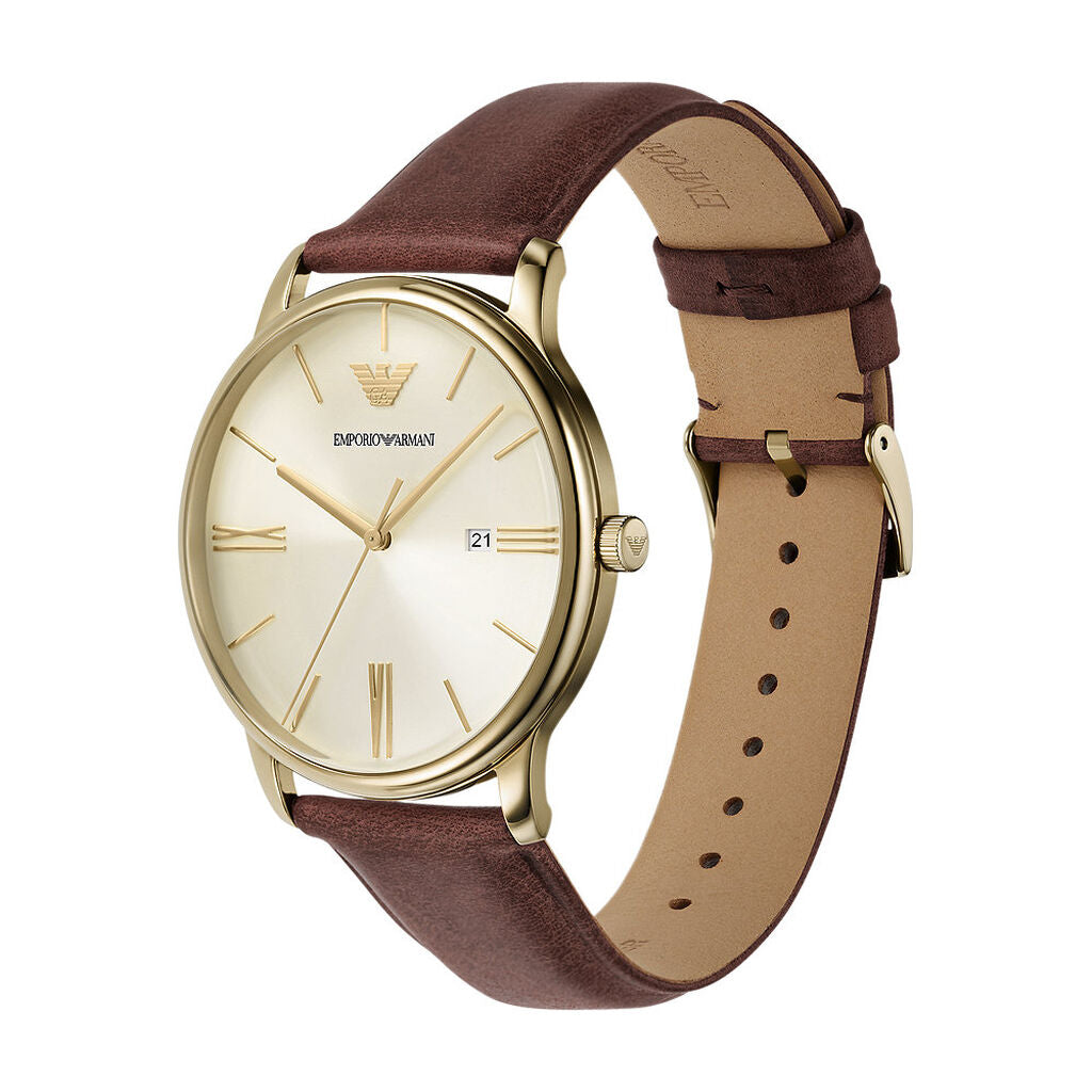 Emporio Armani AR11610 angled view – polished yellow gold-tone case highlighting the eggshell sunray dial with date window – sophisticated style from HEY WATCH.