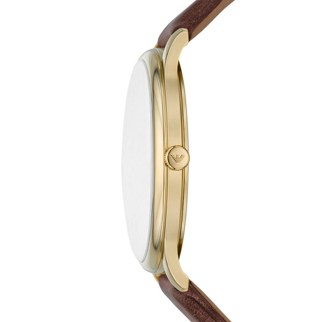 Emporio Armani AR11610 side profile – slim 10mm yellow gold-tone stainless steel case with textured crown – refined men’s timepiece available at HEY WATCH.