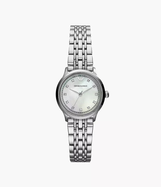 Emporio Armani AR1803 women’s watch front view – 26mm stainless steel case with coin-edge bezel, white mother-of-pearl dial featuring crystal hour markers, and polished stainless steel bracelet – elegant design by HEY WATCH.