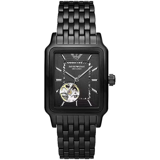 Emporio Armani AR60058 men’s watch front view – black sunray textured dial with open-heart design, black stainless steel rectangular case, and matching bracelet – elegant design by HEY WATCH.