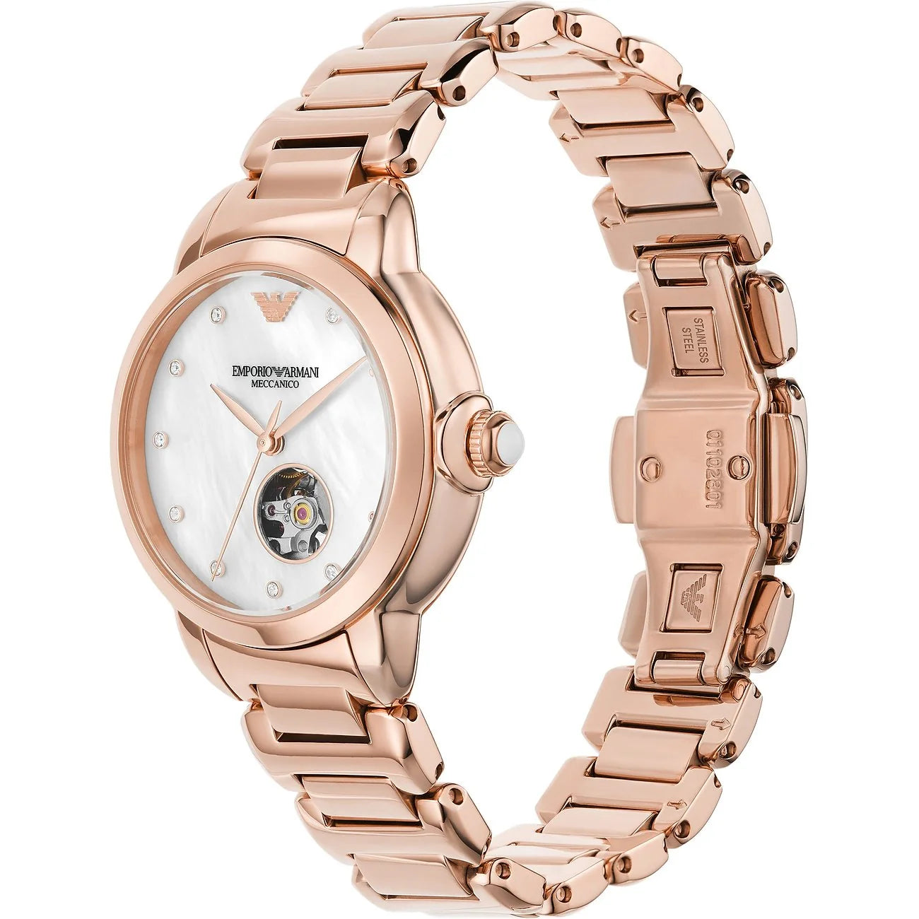 Emporio Armani AR60072 angled view – polished rose gold-tone case highlighting the white mother-of-pearl dial with open-heart feature – sophisticated style from HEY WATCH.