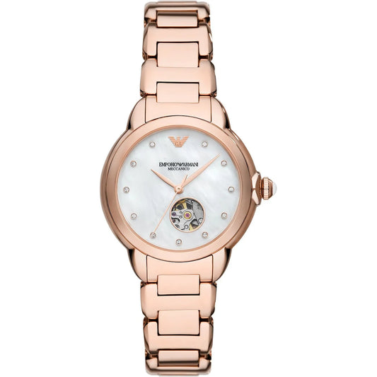 Emporio Armani AR60072 women’s watch front view – 34mm rose gold-tone stainless steel case with white mother-of-pearl dial, automatic movement, and matching bracelet – elegant design by HEY WATCH.