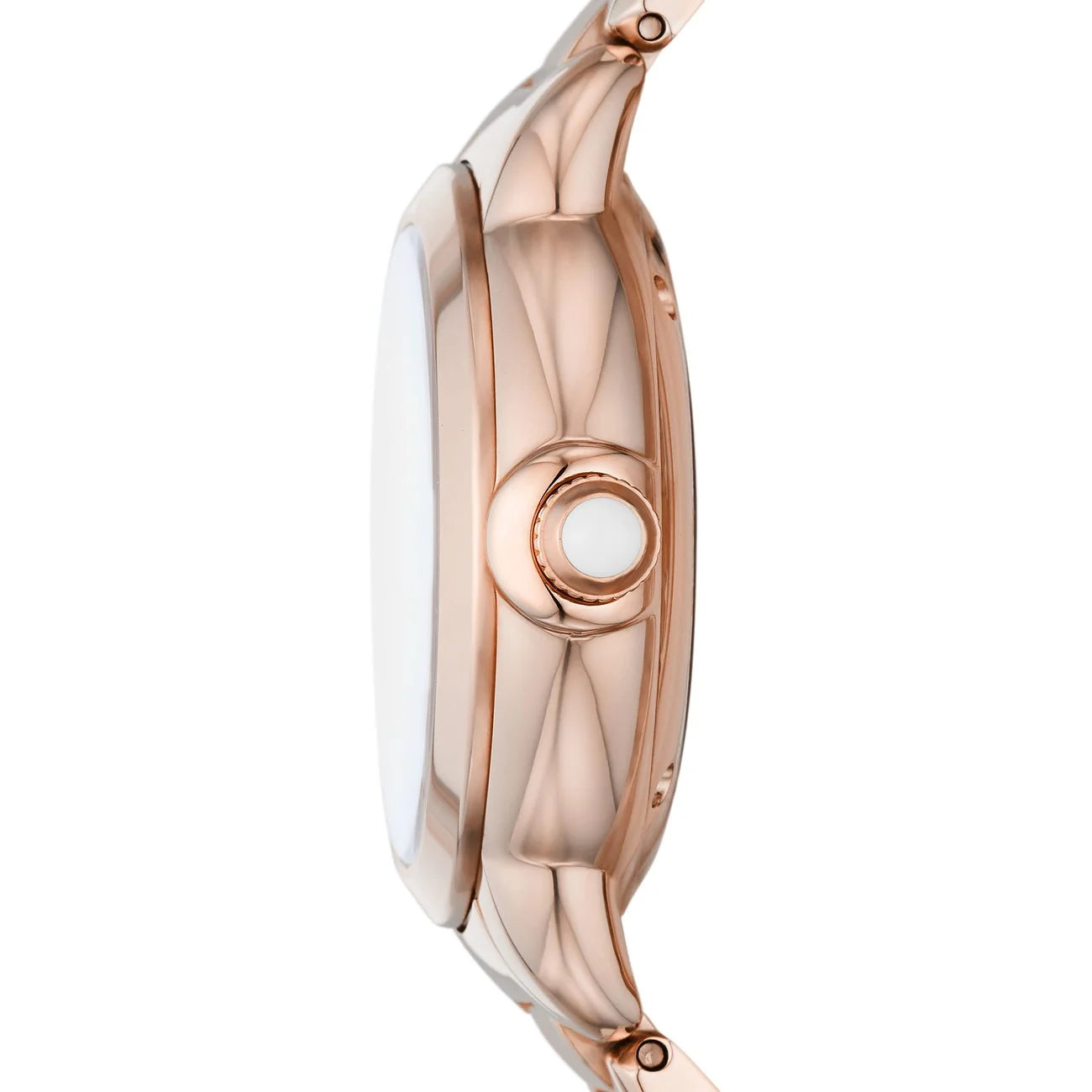 Emporio Armani AR60072 side profile – slim 10mm rose gold-tone stainless steel case with textured crown – refined women’s timepiece available at HEY WATCH.