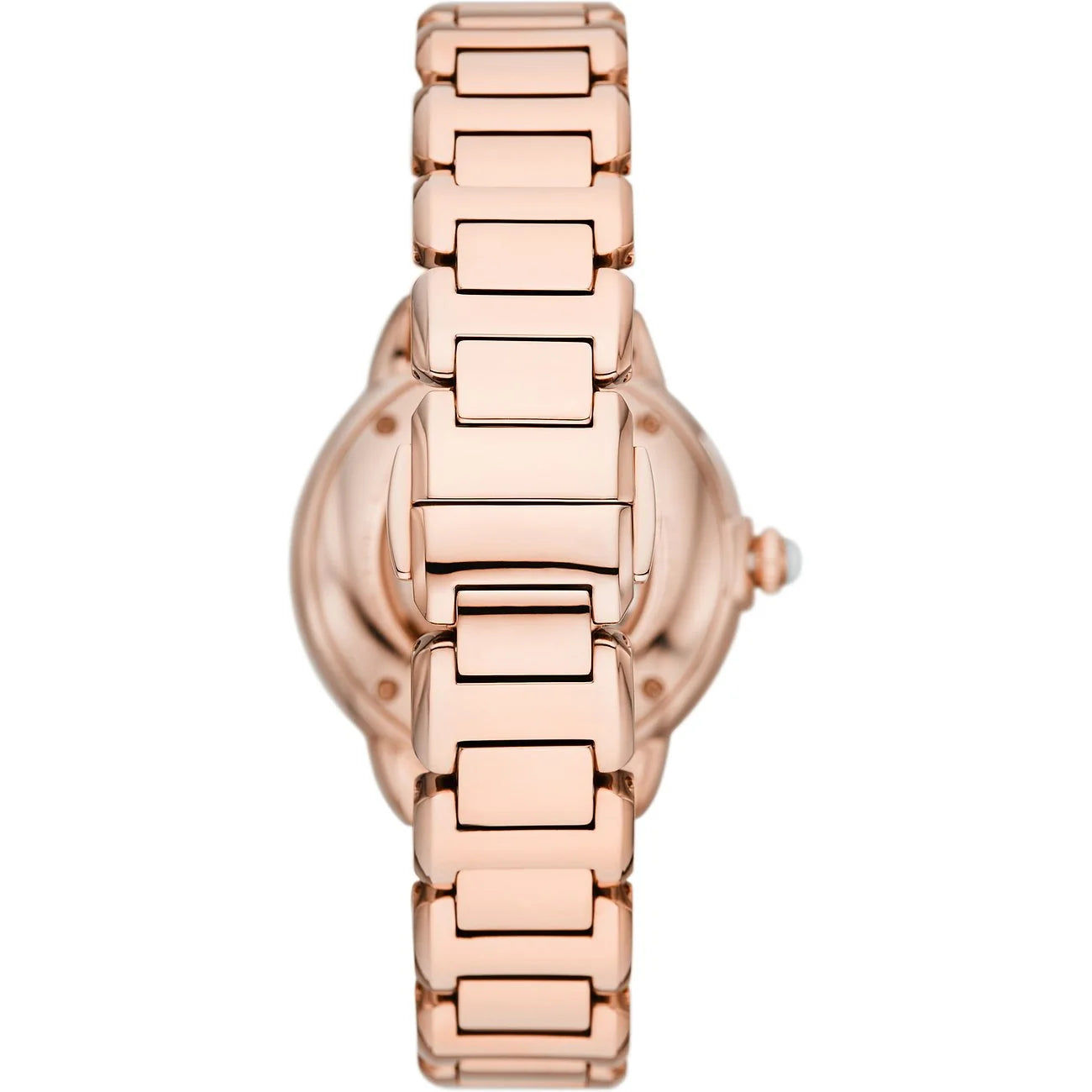 Emporio Armani AR60072 back view – engraved caseback and rose gold-tone stainless steel bracelet with deployment clasp – premium craftsmanship by HEY WATCH.