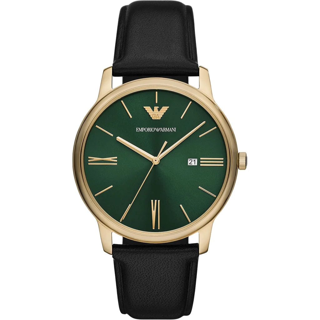 Emporio Armani AR11601 men’s watch front view – green sunray dial with gold-tone hands and markers, stainless steel case, and black leather strap – elegant design by HEY WATCH.