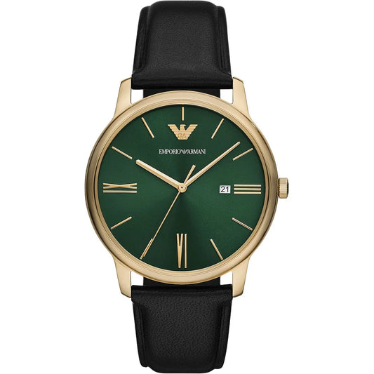 Emporio Armani AR11601 men’s watch front view – green sunray dial with gold-tone hands and markers, stainless steel case, and black leather strap – elegant design by HEY WATCH.