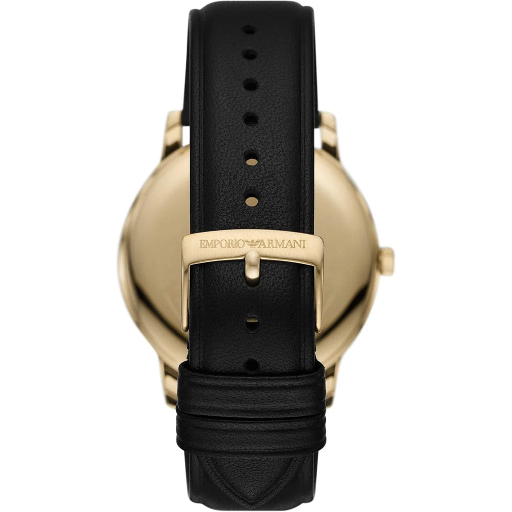 Emporio Armani AR11601 back view – engraved caseback and black leather strap with buckle clasp – premium craftsmanship by HEY WATCH.