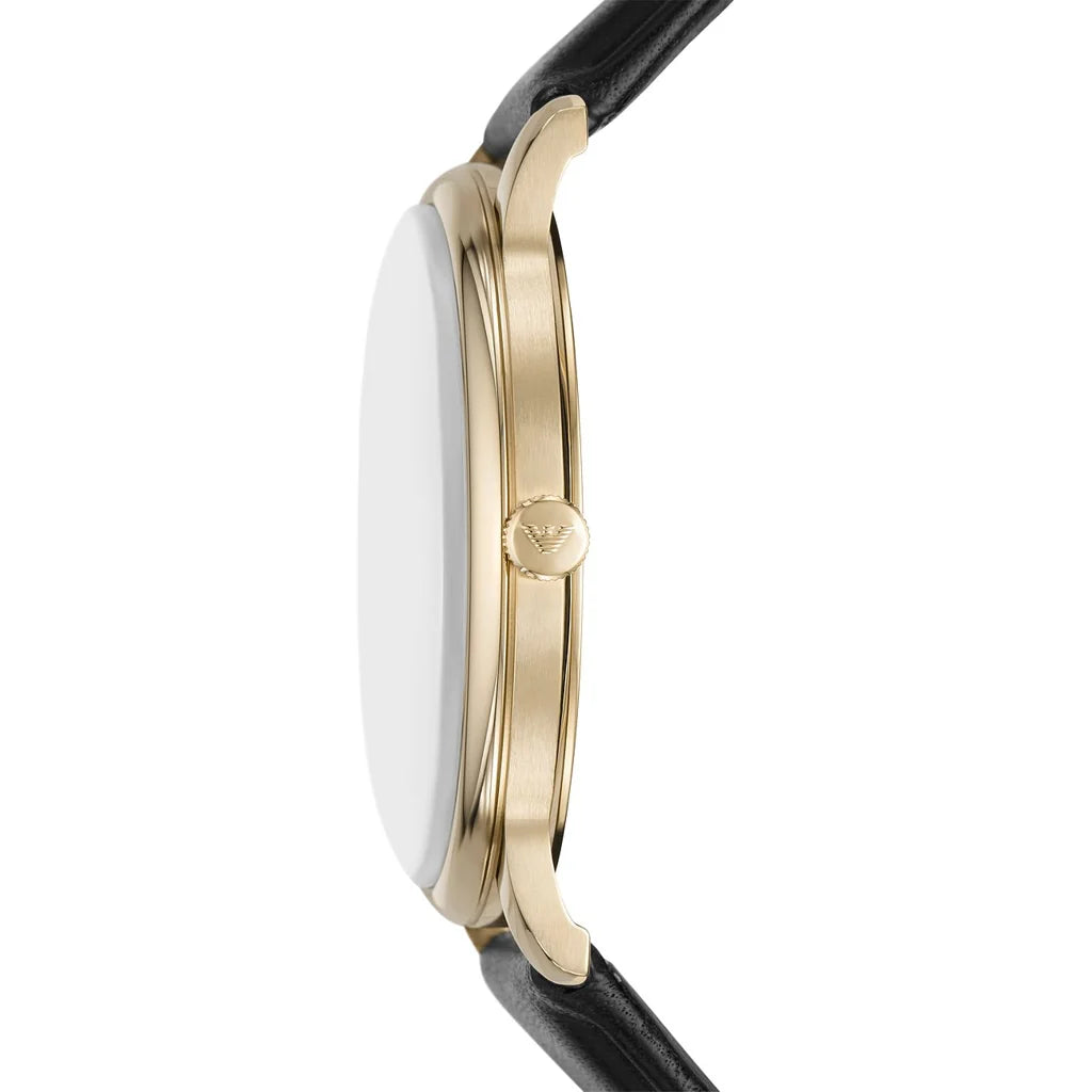 Emporio Armani AR11601 side profile – slim 8.1mm stainless steel case with textured crown – refined men’s timepiece available at HEY WATCH. ￼