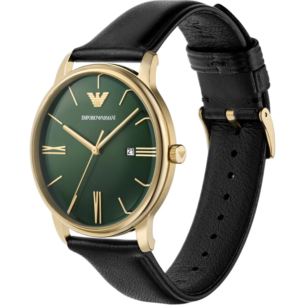Emporio Armani AR11601 angled view – polished stainless steel case highlighting the green sunray dial – sophisticated style from HEY WATCH.