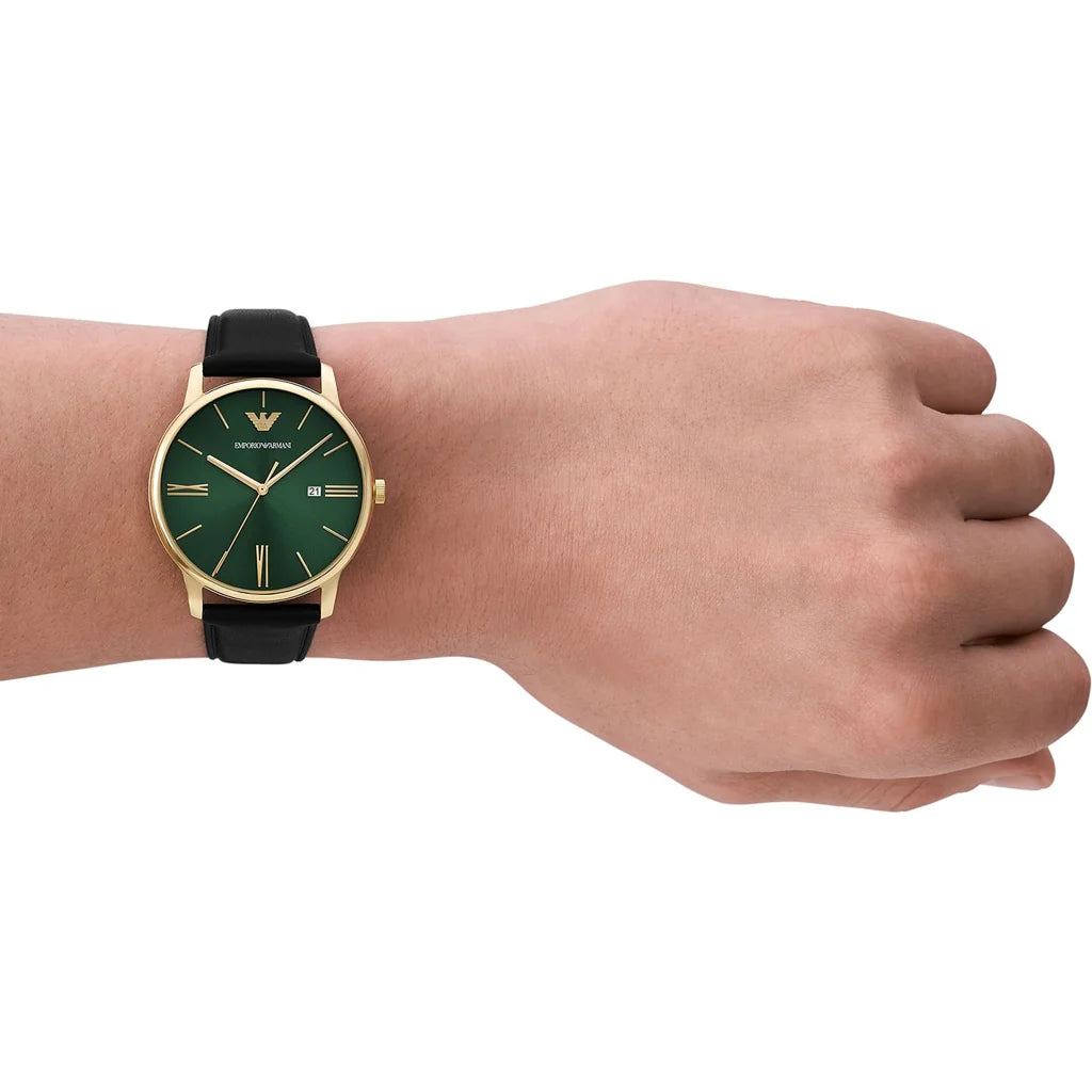 Emporio Armani AR11601 worn on wrist – green sunray dial and black leather strap offering a versatile and stylish look – timeless men’s watch presented by HEY WATCH.