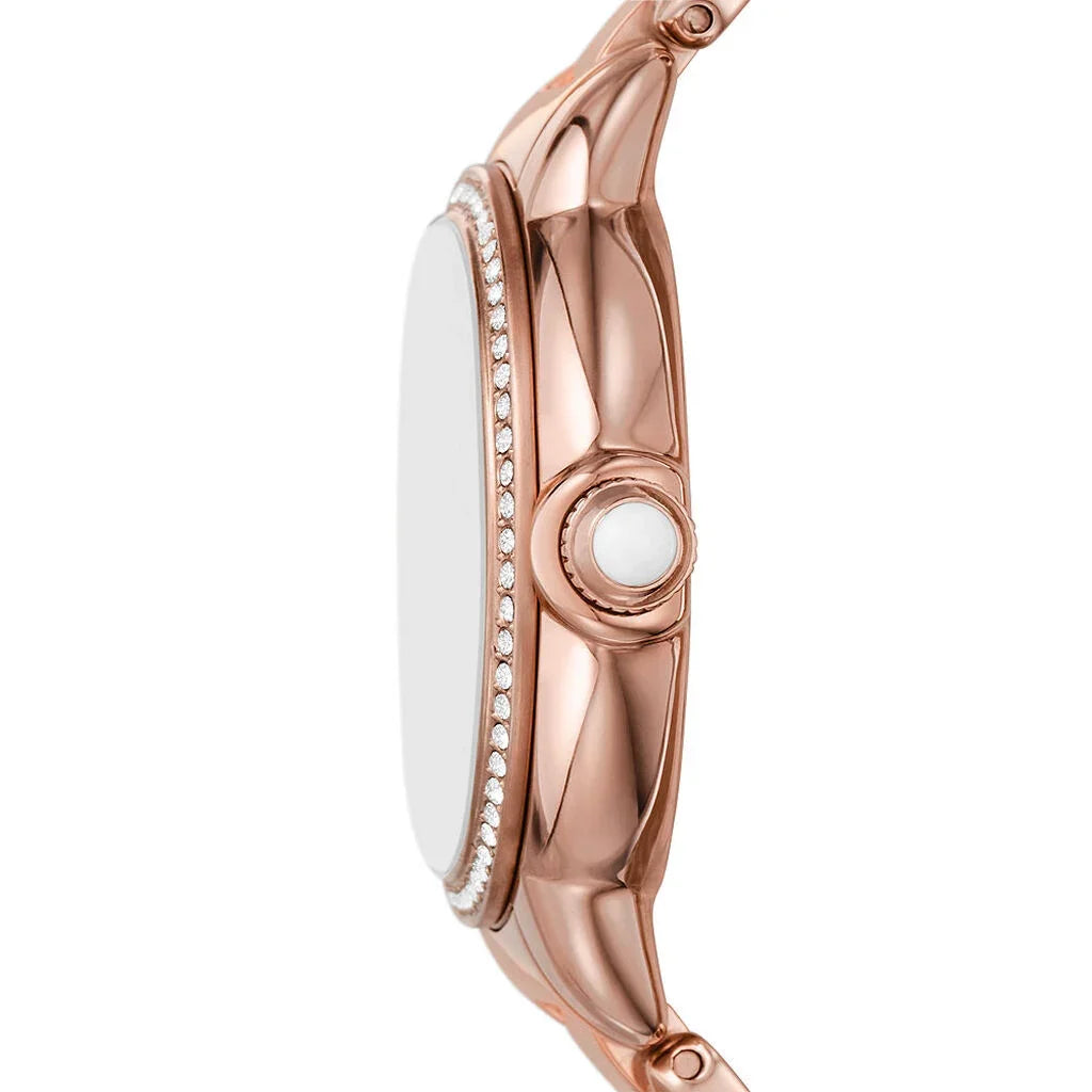 Emporio Armani AR11633 side profile – slim 32mm rose gold-tone stainless steel case with textured crown – refined women’s timepiece available at HEY WATCH.
