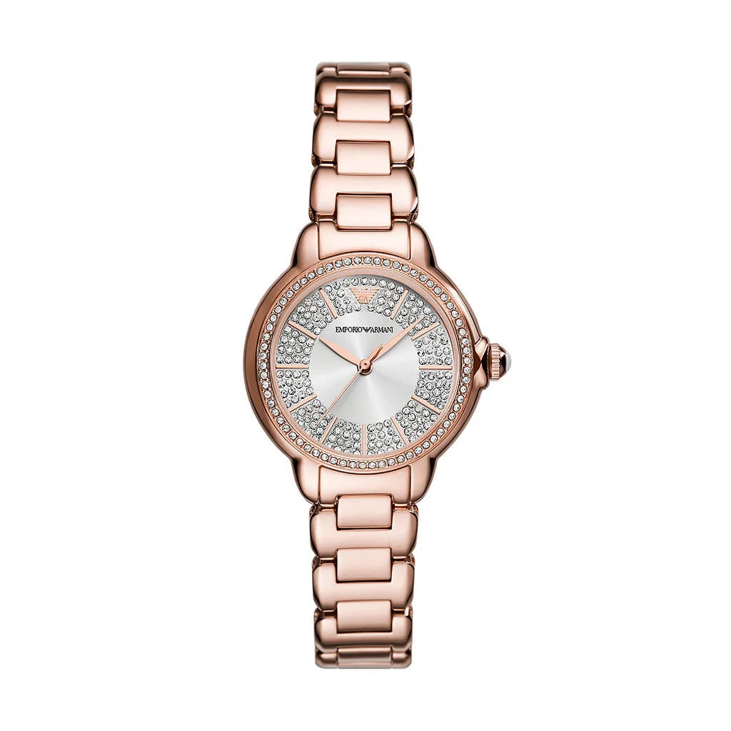 Emporio Armani AR11633 women’s watch front view – silver sunray dial with crystal hour markers, rose gold-tone stainless steel case and bracelet – elegant design by HEY WATCH.